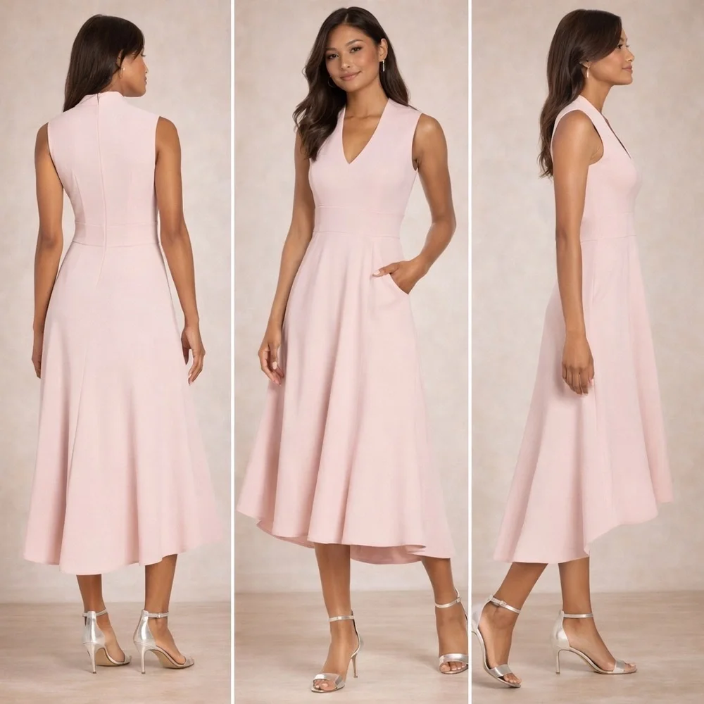 Eliza J Blush Pink High Low Fit & Flare Midi Dress Size 8 Wedding Guest - Picture 3 of 12